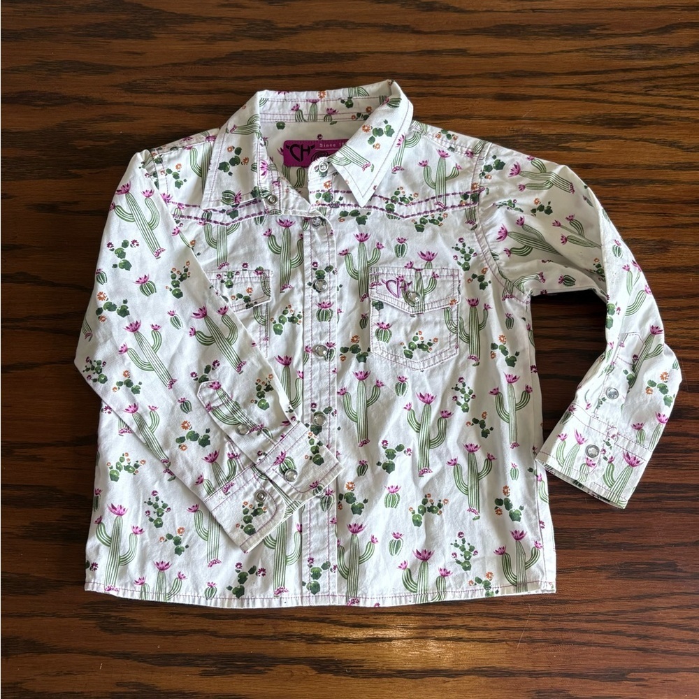 Cowgirl Hardware Leopard Cactus Long Sleeve Sparkling Snap White Shirt Girls 3T